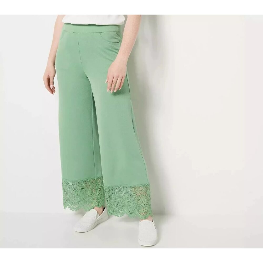 Isaac Mizrahi Live Reg Pebble Knit Wide Leg Crop Pants Womens L Classic Sage NEW